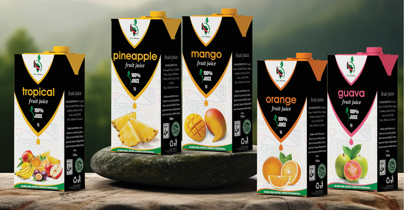 A box of OGA Africa Fruit Juice.