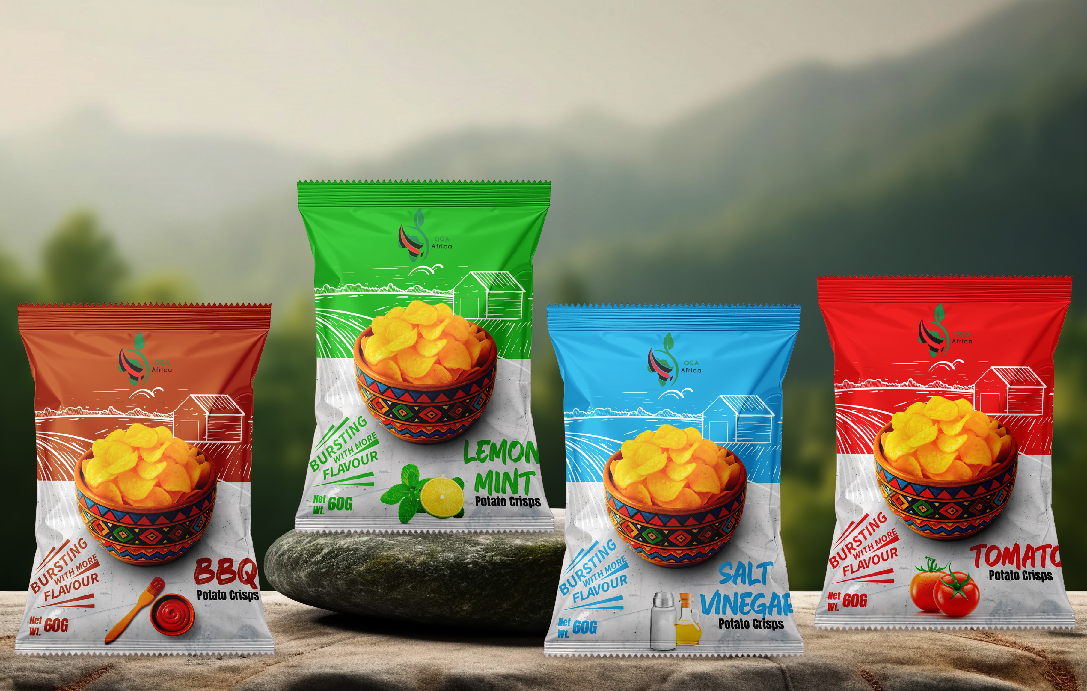 A bag of OGA Africa Potato Crisps.