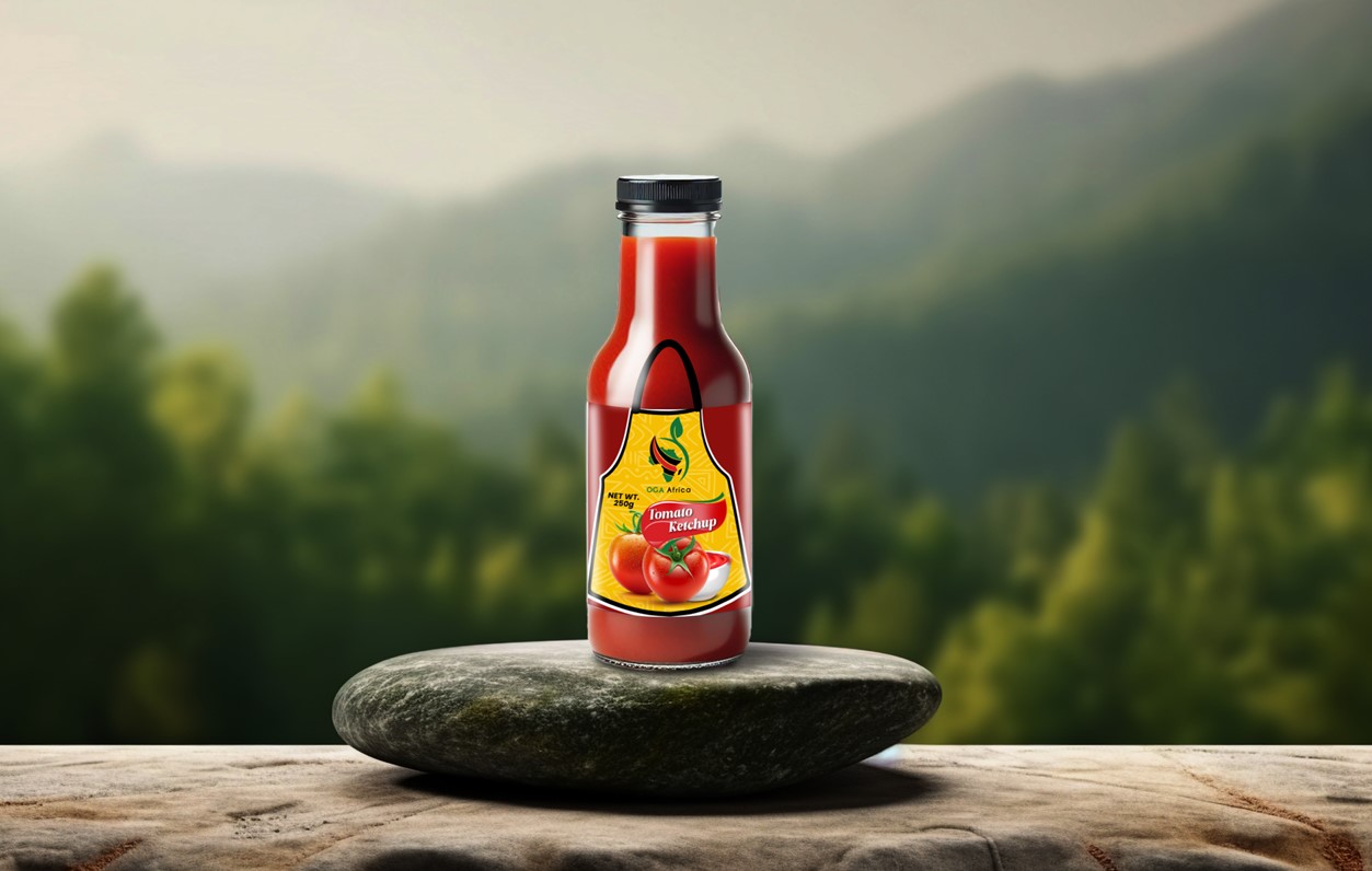 A bottle of OGA Africa Tomato Ketchup.