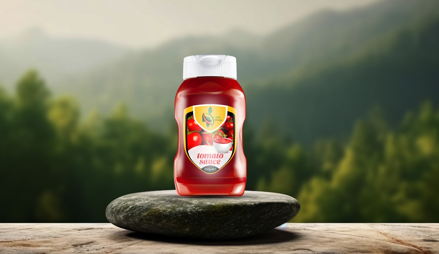 A can or bottle of OGA Africa Tomato Sauce.
